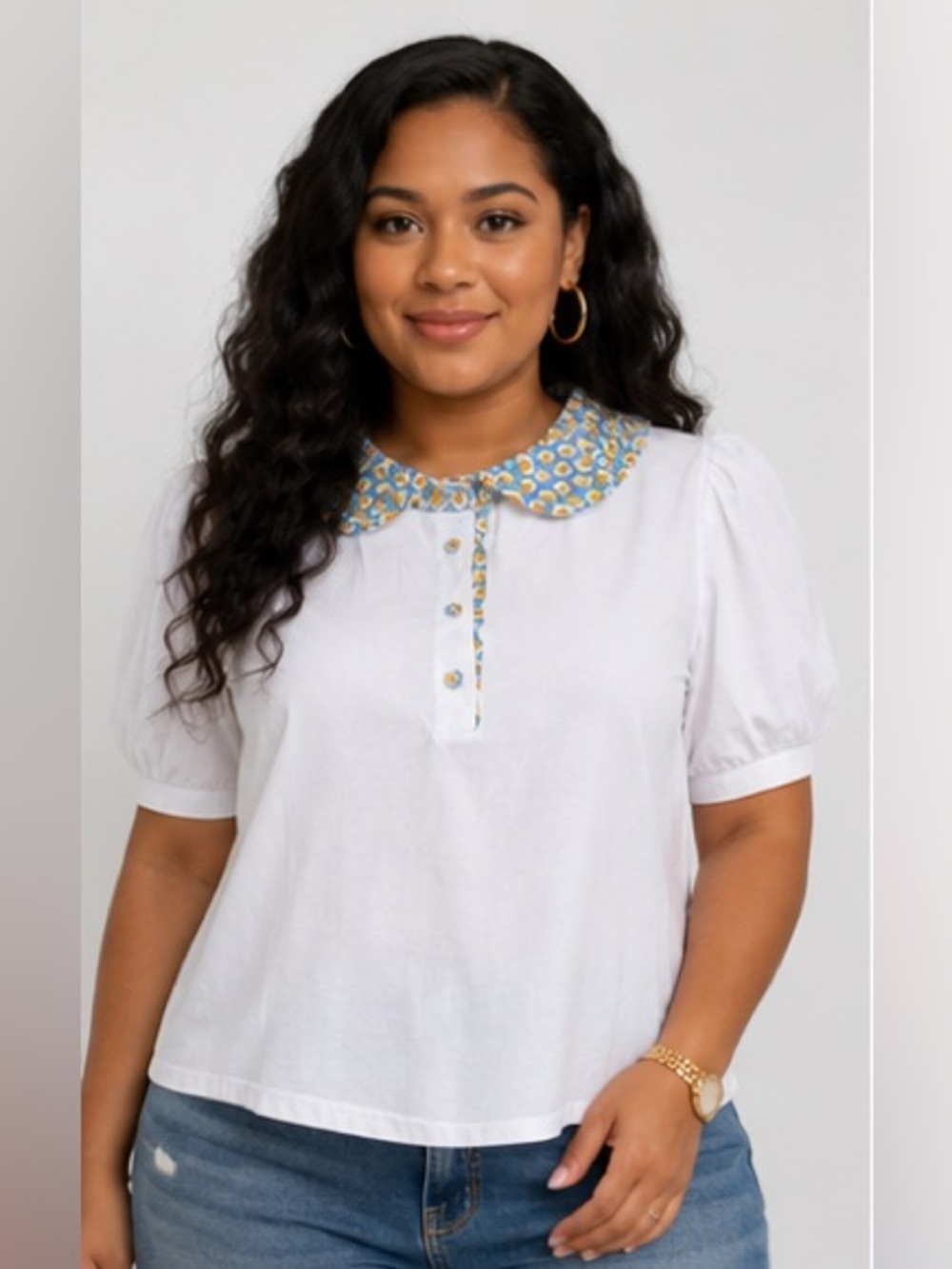 White Puff Sleeve Top with Blue Floral Peter Pan Collar